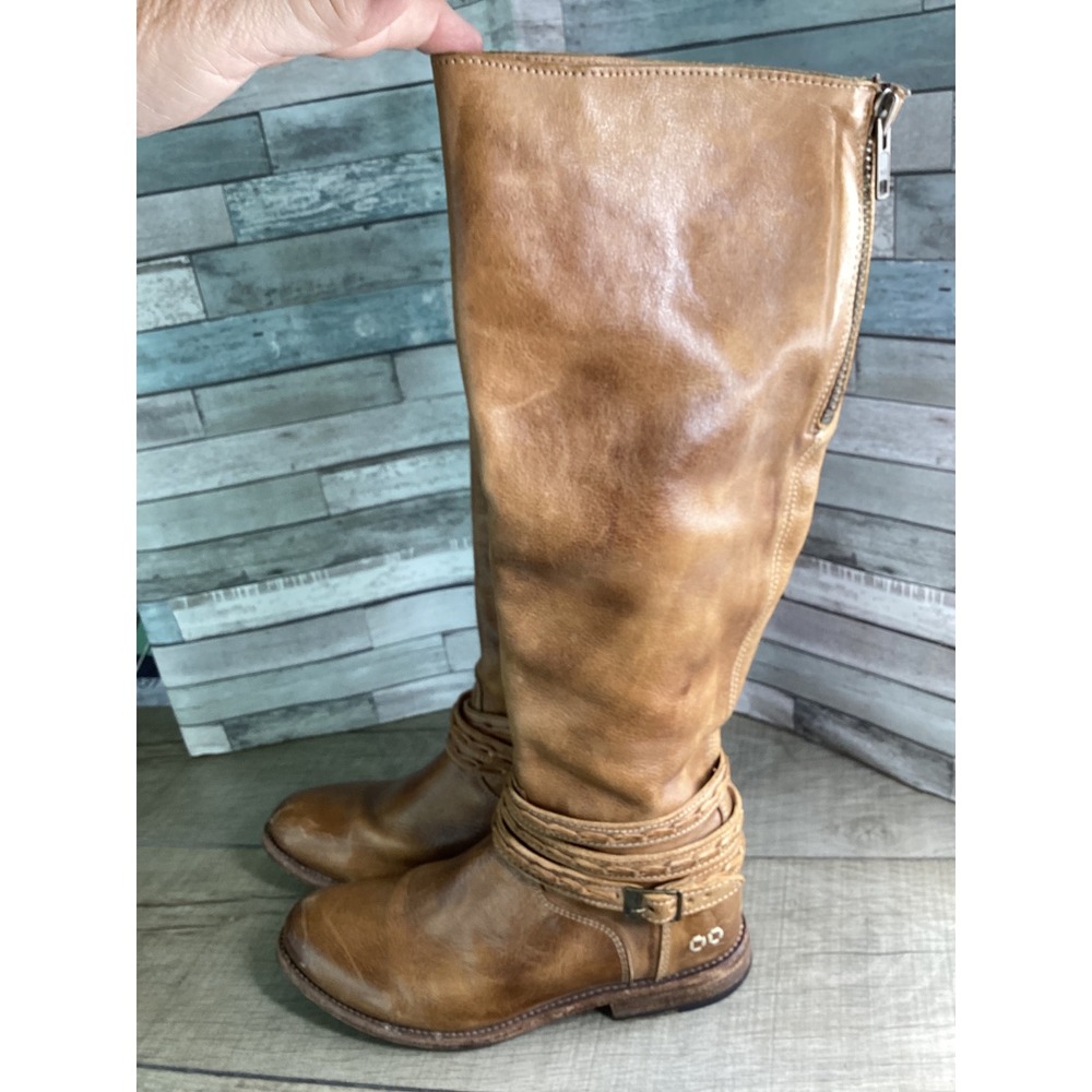 Bed Stu Cobbler Tan Leather Tall Boots Braided Wrap Back Zip Vibram Women 8